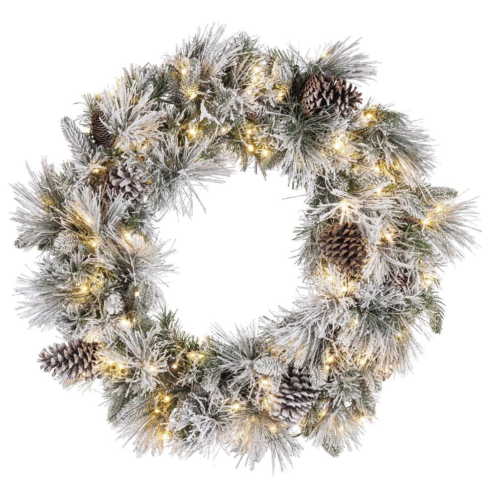 The Gerson Company 30" Pre-Lit Flocked Artificial Christmas Wreath with White LED Lights in Green, , large