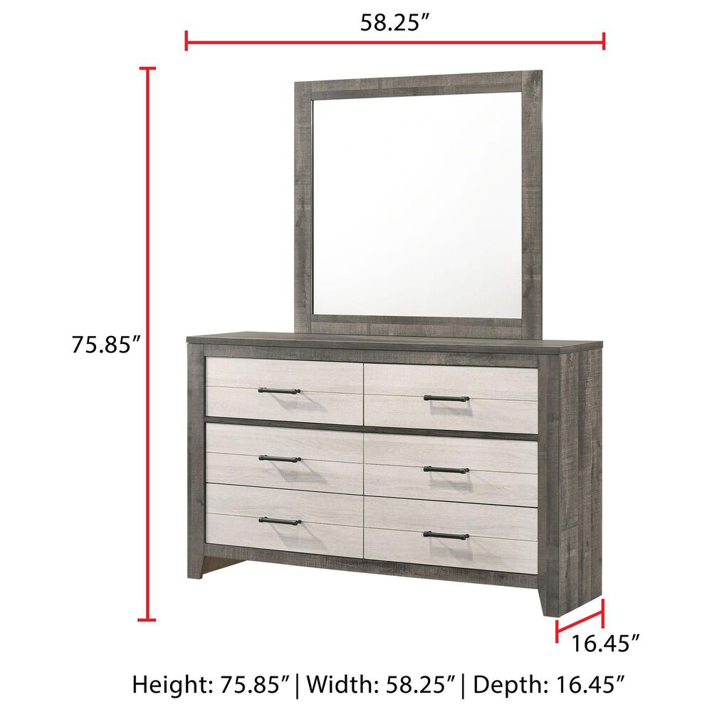 Crown Mark Rhett 6-Drawer Dresser and Mirror in Gray and White, , large