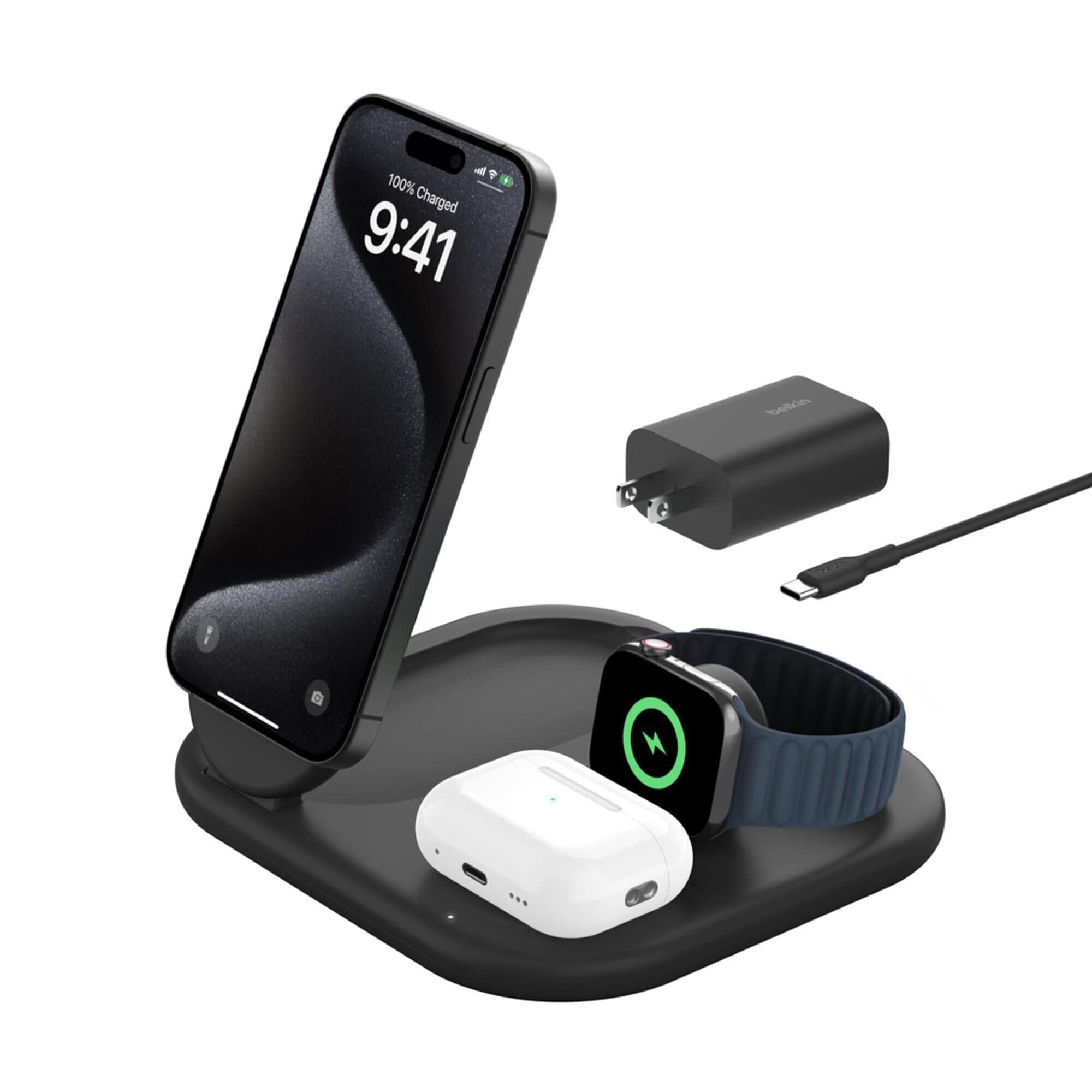 Belkin BoostCharge 3-in-1 Magnetic Foldable Wireless Charger in Black