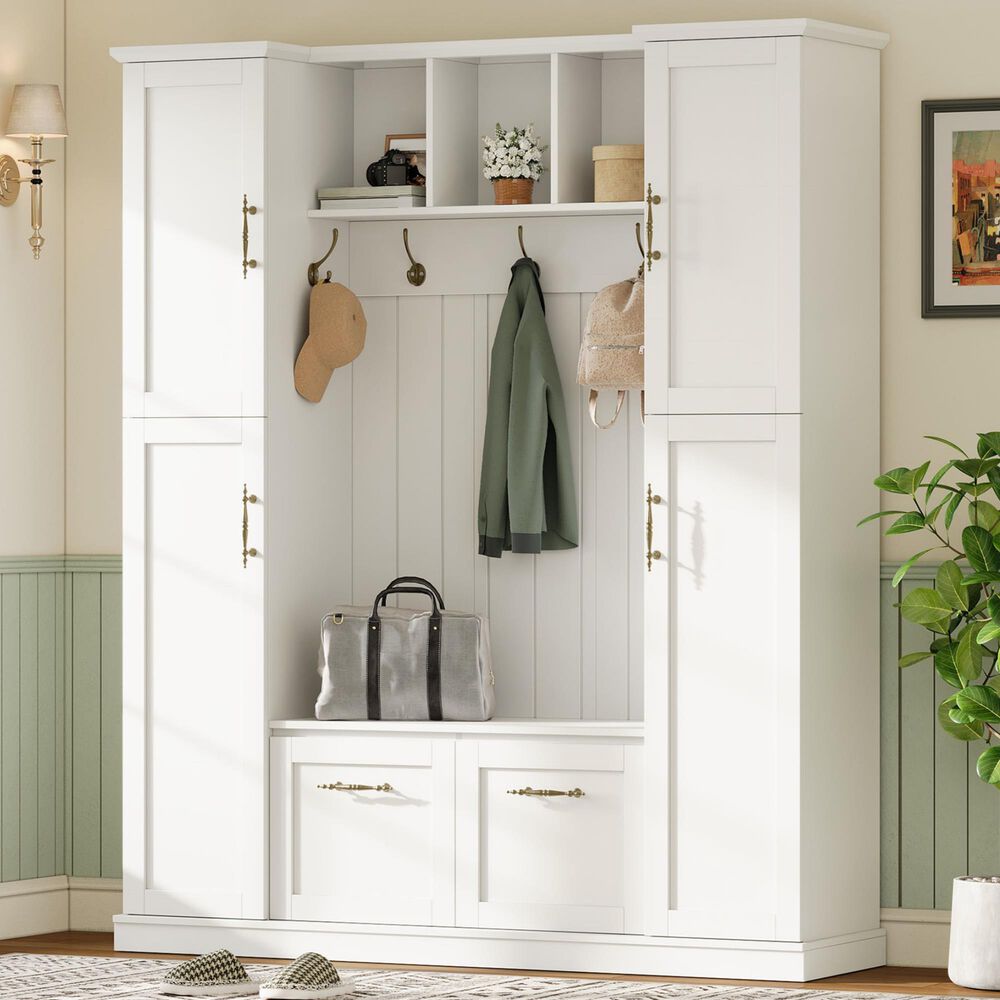 HOMLUX 5-Hook Hall Tree with 4 Side Cabinets and Storage Bench in White, , large