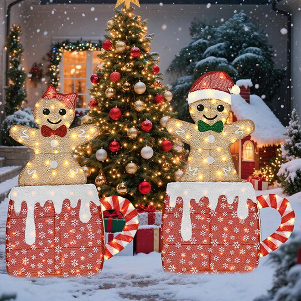 HOMLUX 2-Piece Gingerbread Man Gift Box with LED Lights in Champagne, , large