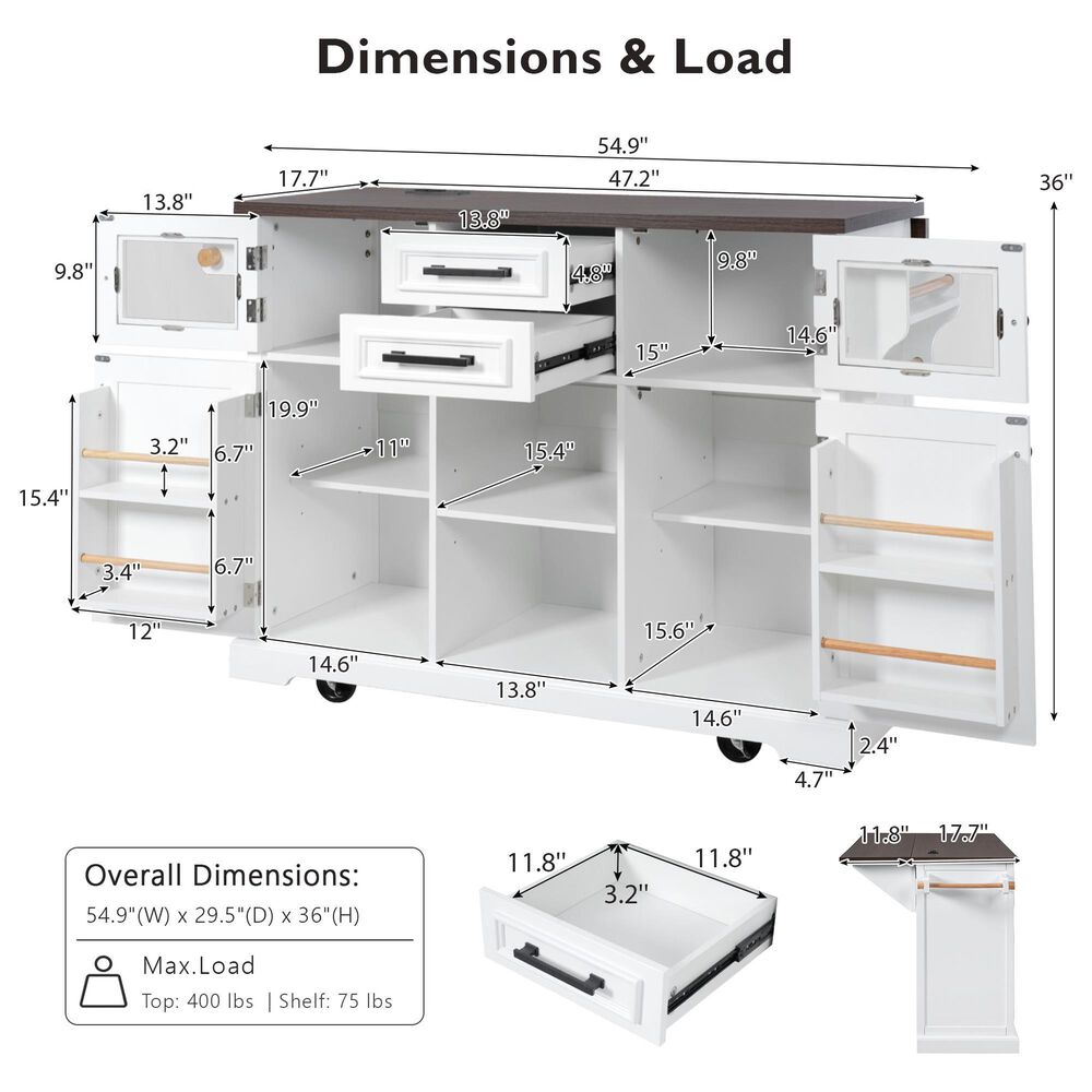 HOMLUX 54.9" Kitchen Island with Drop Leaf in White and Brown, , large