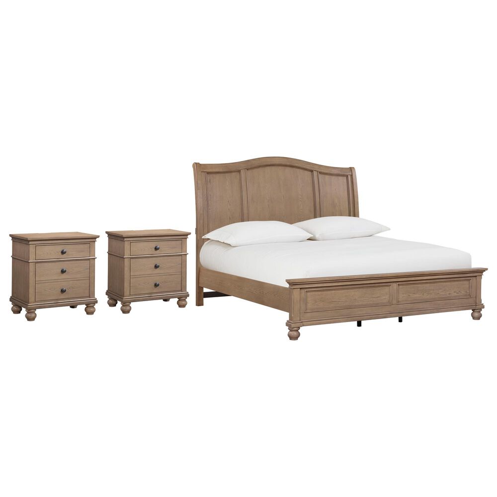 Riva Ridge Oxford King Sleigh Bed with Two Nightstands in Tan with USB Ports, , large