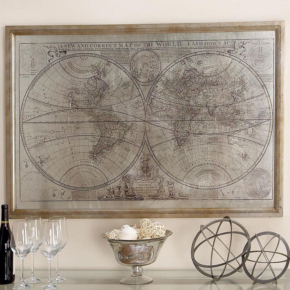 Maple and Jade 48&quot; x 31&quot; World Map Wall Art with Gold Frame in Beige, Black and Gray, , large