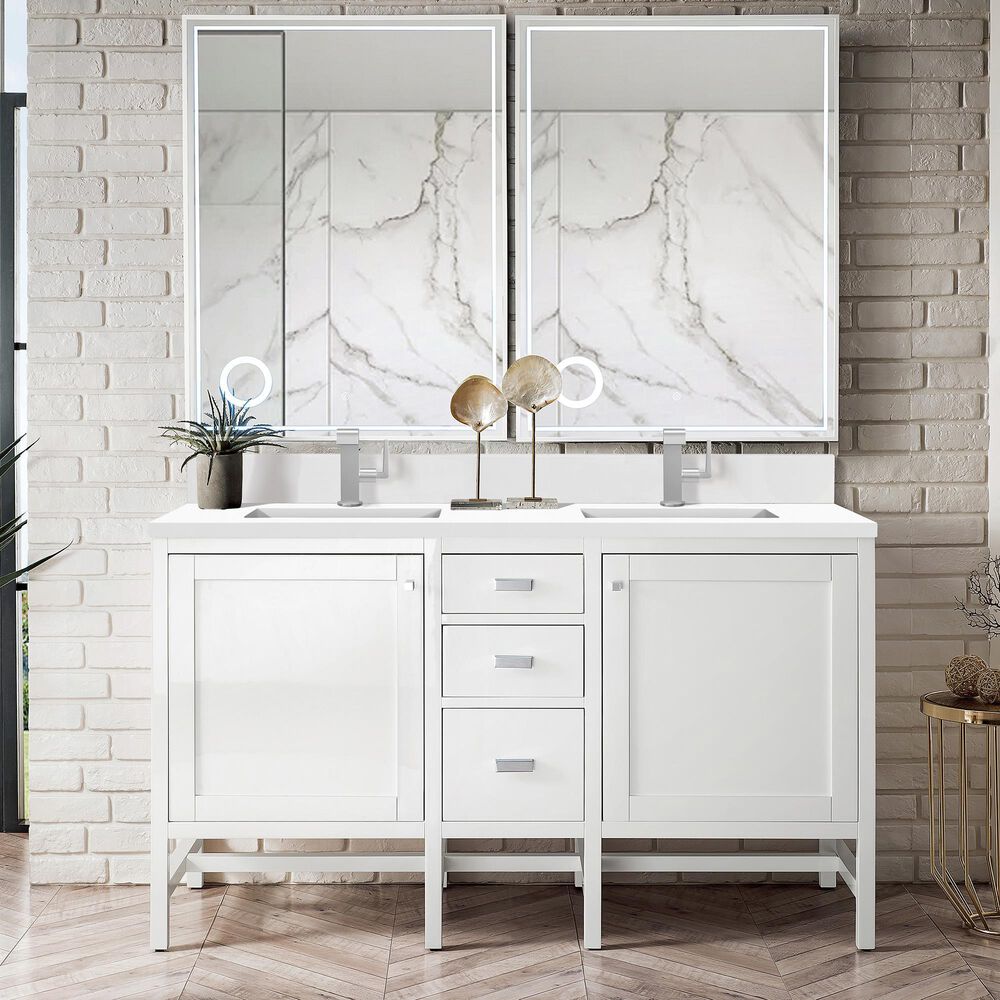 James Martin Vanities Addison 60&quot; Double Bathroom Vanity in Glossy White with 3 cm White Zeus Quartz Top and Rectangular Sinks, , large
