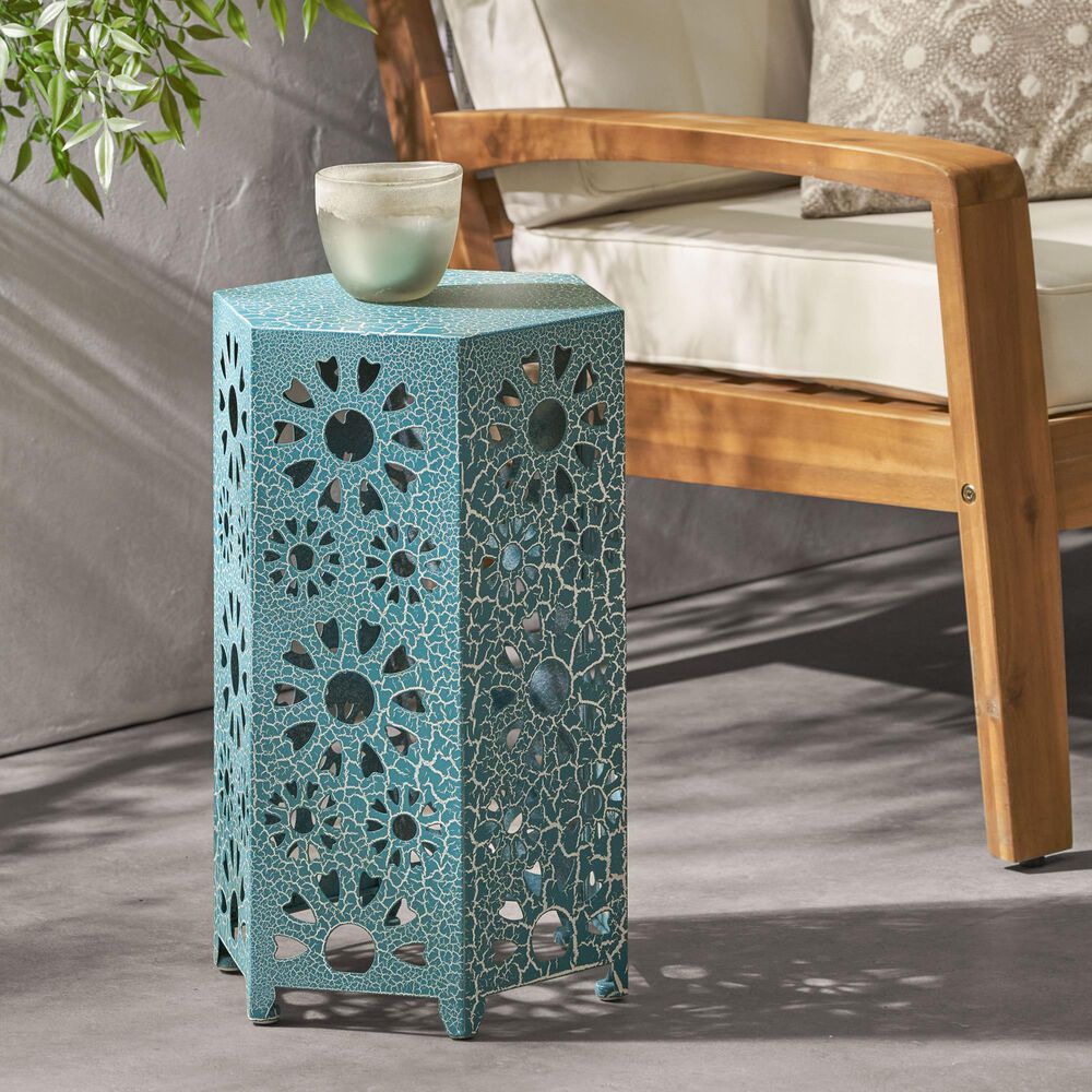 Hearth and Haven Eliana 12" Outdoor Hexagon Metal Side Table with Sunburst Cut Out Design in Teal, , large