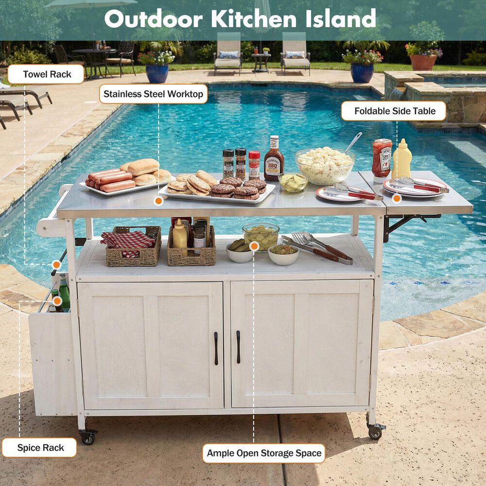 Hearth and Haven Outdoor Kitchen Island Cart with Adjustable Shelves and Stainless Steel Top in White, , large