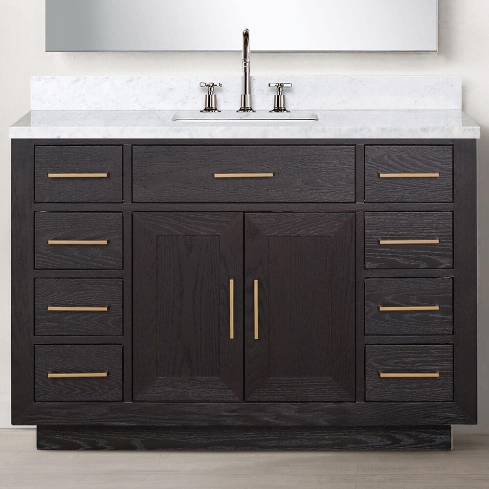 Lexora Home Abbey 48&quot; Single Bathroom Vanity in Black Oak with 2 cm White Carrara Marble Top and Rectangular Sink, , large