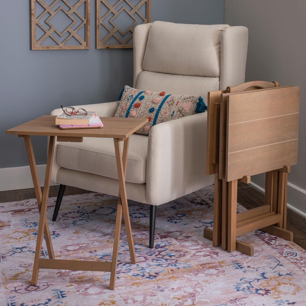 Linon Home Decor Acacia Folding TV Tray Table Set with Stand in Natural (Set of 4), , large