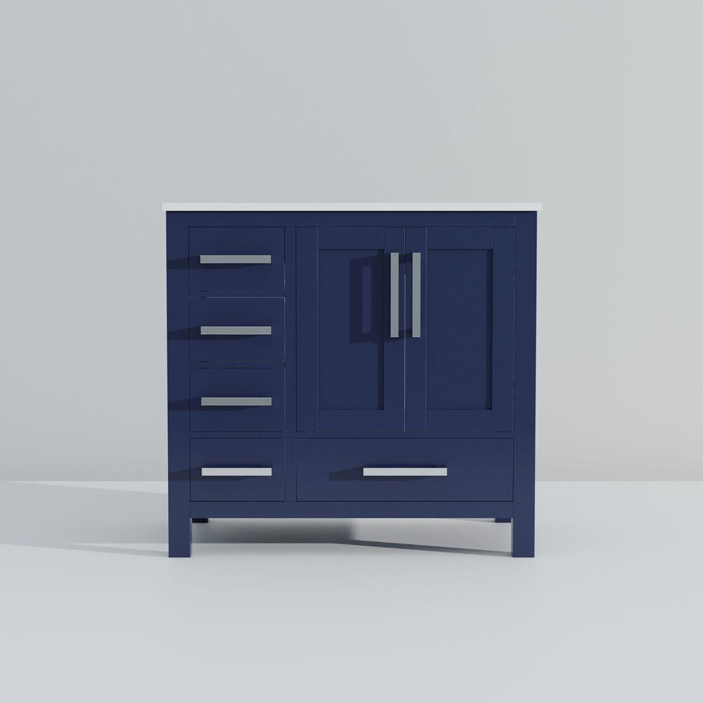 Lexora Home Jacques 36&quot; Right Offset Single Bathroom Vanity in Navy Blue with 2 cm White Quartz Top and Rectangular Sink, , large