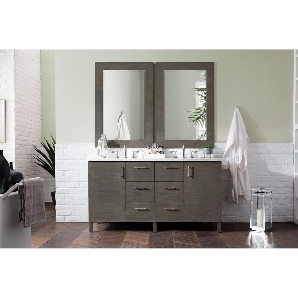 James Martin Metropolitan 60" Double Bathroom Vanity in Silver Oak with 3 cm Carrara White