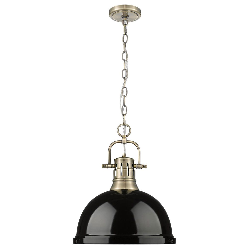 Golden Lighting Duncan 1-Light Pendant with Chain and Black Shade in Aged Brass, , large