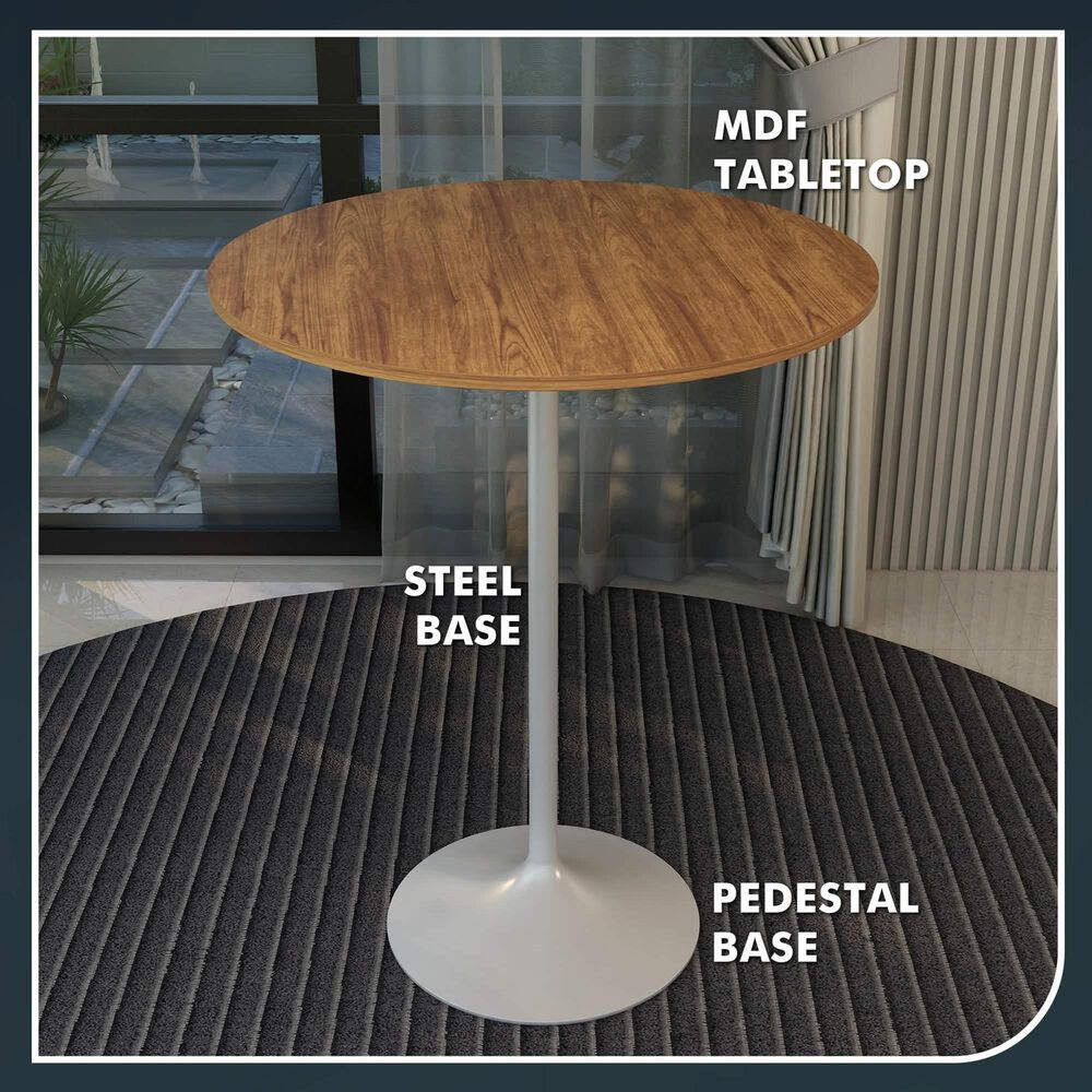 Leisuremod LeisureMod Verve Collection Modern Bar Height Table White Base with 36 Round Cognac Brown MDF Top, , large