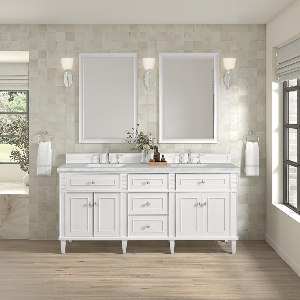 James Martin Vanities Lorelai 72" Double Bathroom Vanity in Bright White with 3 cm Eternal Jasmine Pearl Silestone Top, Rectangular Sinks and FreePower Wireless Charger, , large