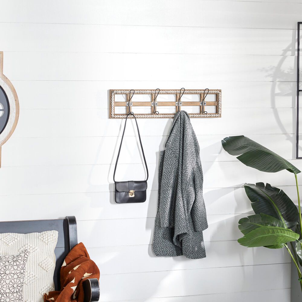 Maple and Jade 26&quot; x 7&quot; Wall Hook in Distressed White and Natural Brown, , large