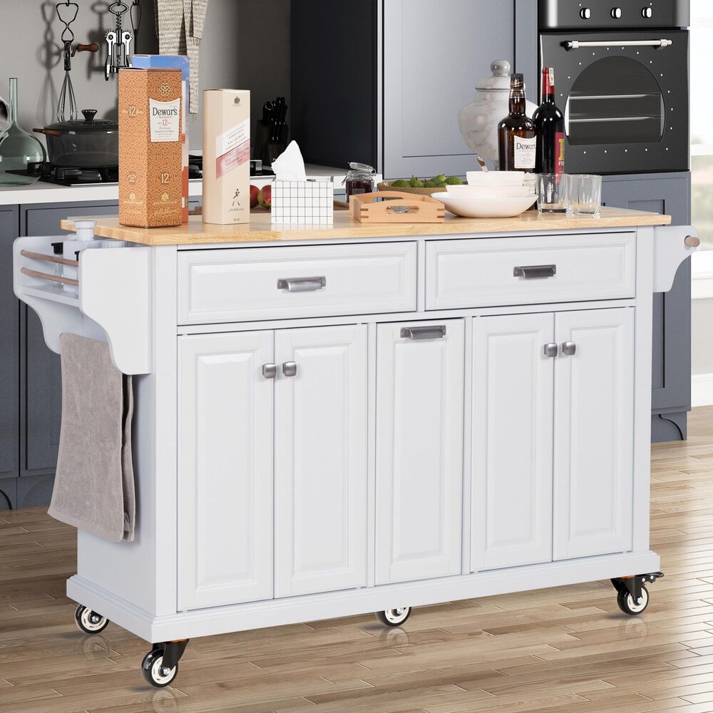 HOMLUX Kitchen Island with Rubber wood Countertop in White, , large