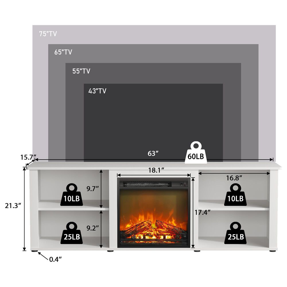 Noviland 63&quot; Fireplace TV Stand with Storage Media Console in Solid White, , large