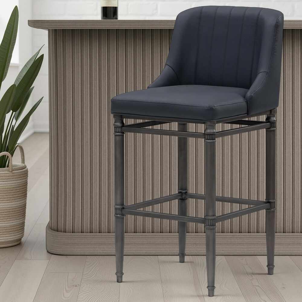 Armen Living Marvin Bar Height Stool with Night Life Blue Upholstery in Antique Pewter, , large