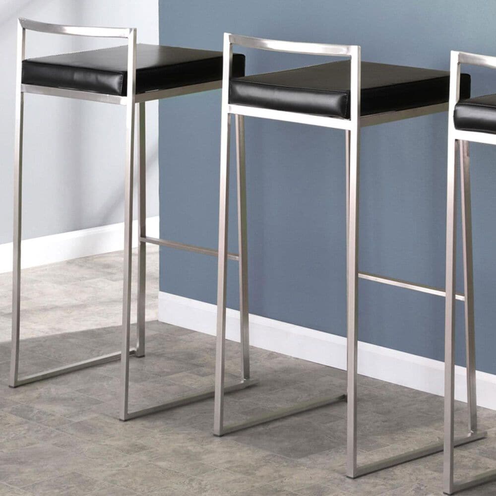 Lumisource Fuji Stackable Barstool with Black Faux Leather in Brushed Stainless Steel &#40;Set of 2&#41;, , large