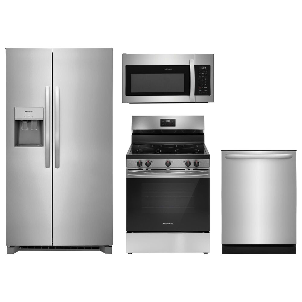Frigidaire 4-Piece Kitchen Package with 25.6 Cu. Ft. 36" Standard Depth Refrigerator, 30" Electric Range, 1.8 Cu. Ft. Over-The-Range Microwave, 24 in. Built-In Dishwasher in Stainless Steel, , large