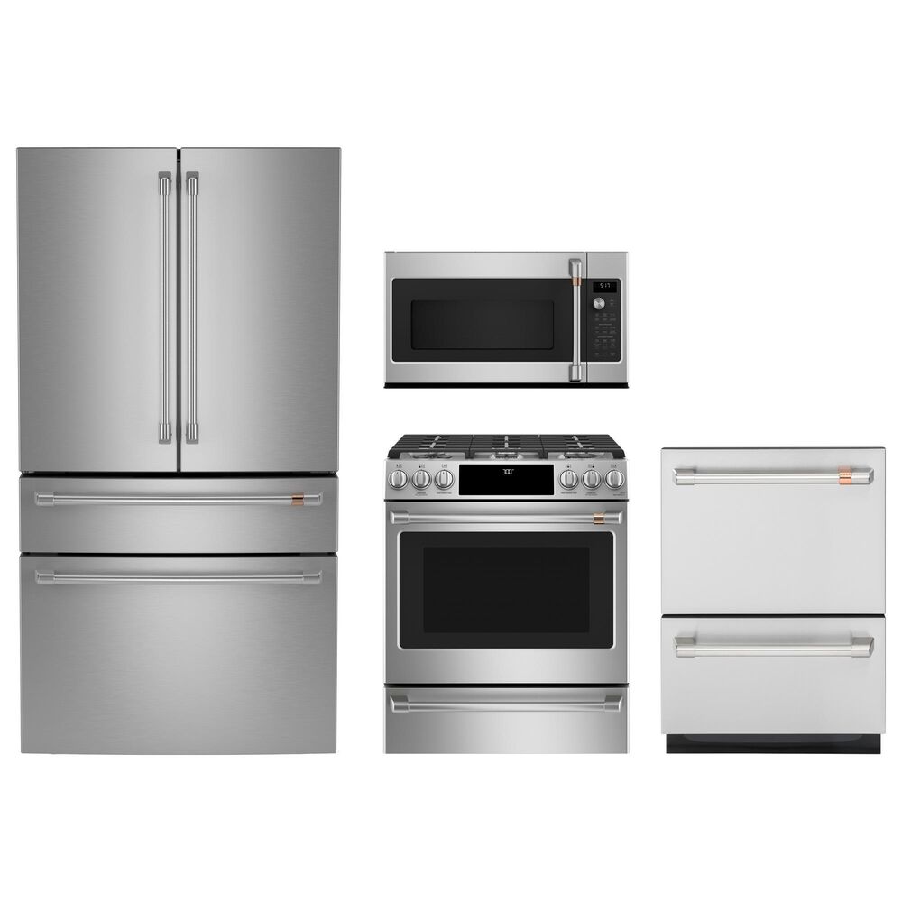 Cafe 4pc Kitchen Package with Refrigerator, Range, Microwave, and Dishwasher in Stainless Steel, , large