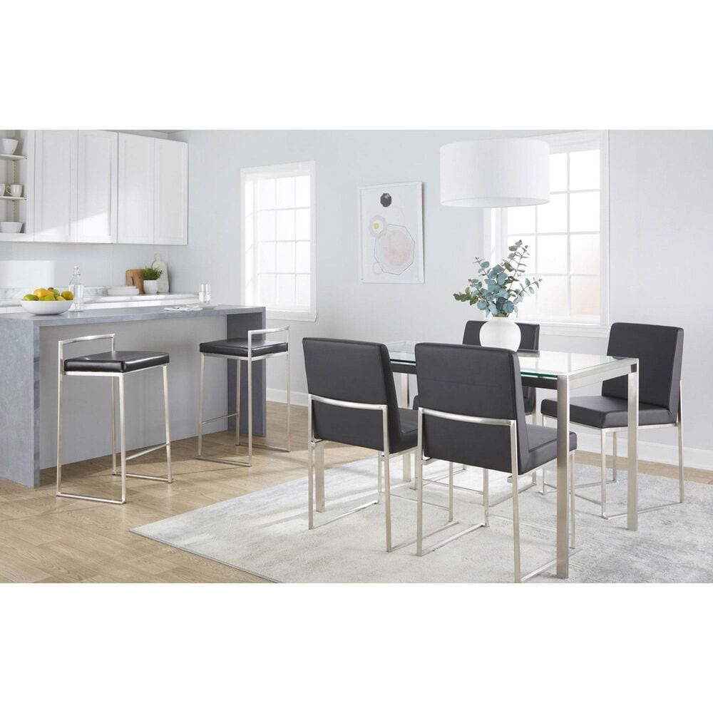 LumiSource Fuji Stackable Counter Stool with Black Faux Leather in Brushed Stainless Steel &#40;Set of 2&#41;, , large