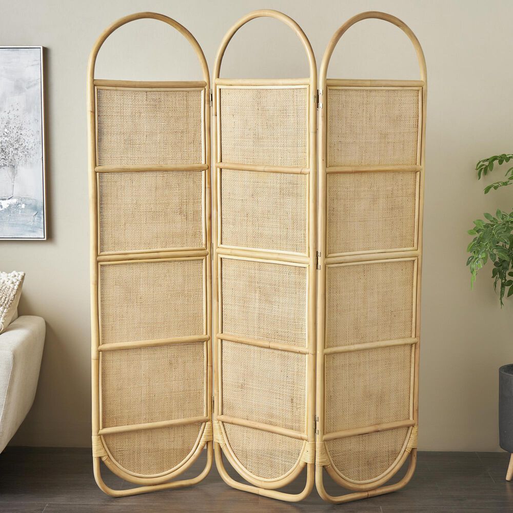 Maple and Jade 3-Panel Arched Oval Partition Room Divider Screen in Light Brown, , large
