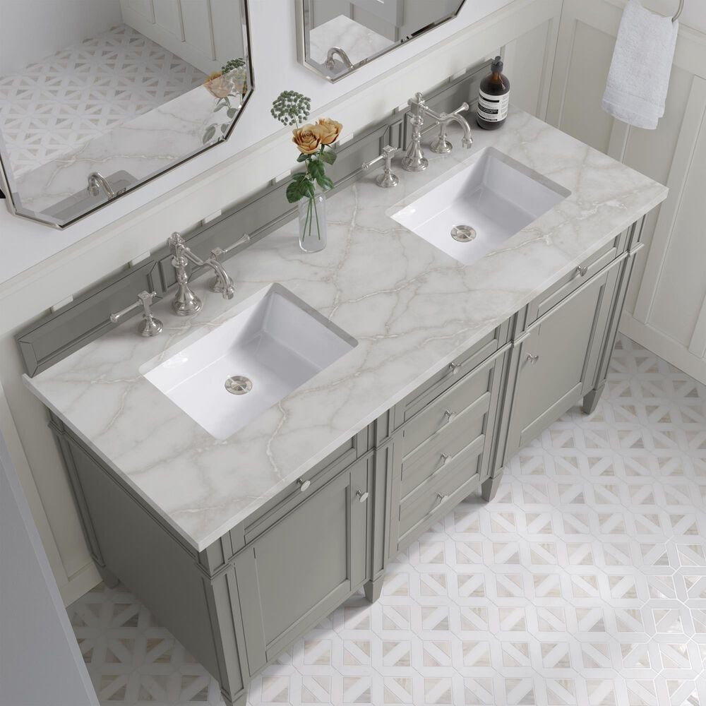 James Martin Vanities Brittany 60" Double Bathroom Vanity in Urban Gray with 3 cm Eternal Jasmine Pearl Silestone Top, Rectangular Sinks and FreePower Wireless Charger, , large