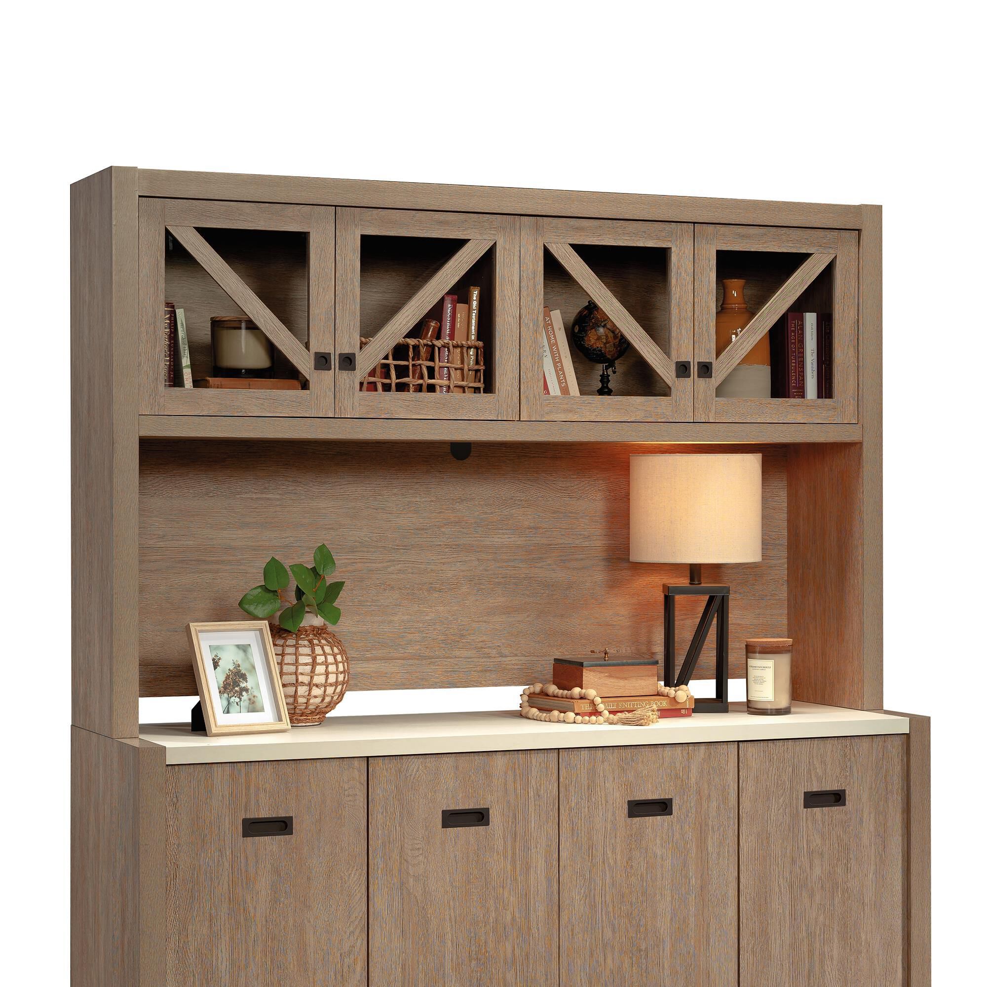 Sauder Dixon City Credenza Desk with Hutch in Brushed Oak NFM