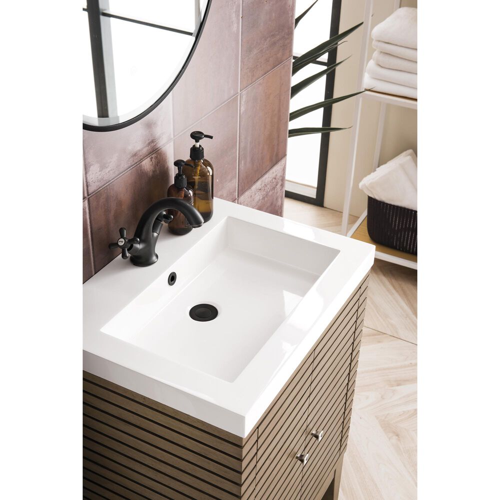 James Martin Vanities Linden 24&quot; Single Bathroom Vanity in Whitewashed Walnut with 5 cm White Glossy Resin Top and Rectangular Sink, , large