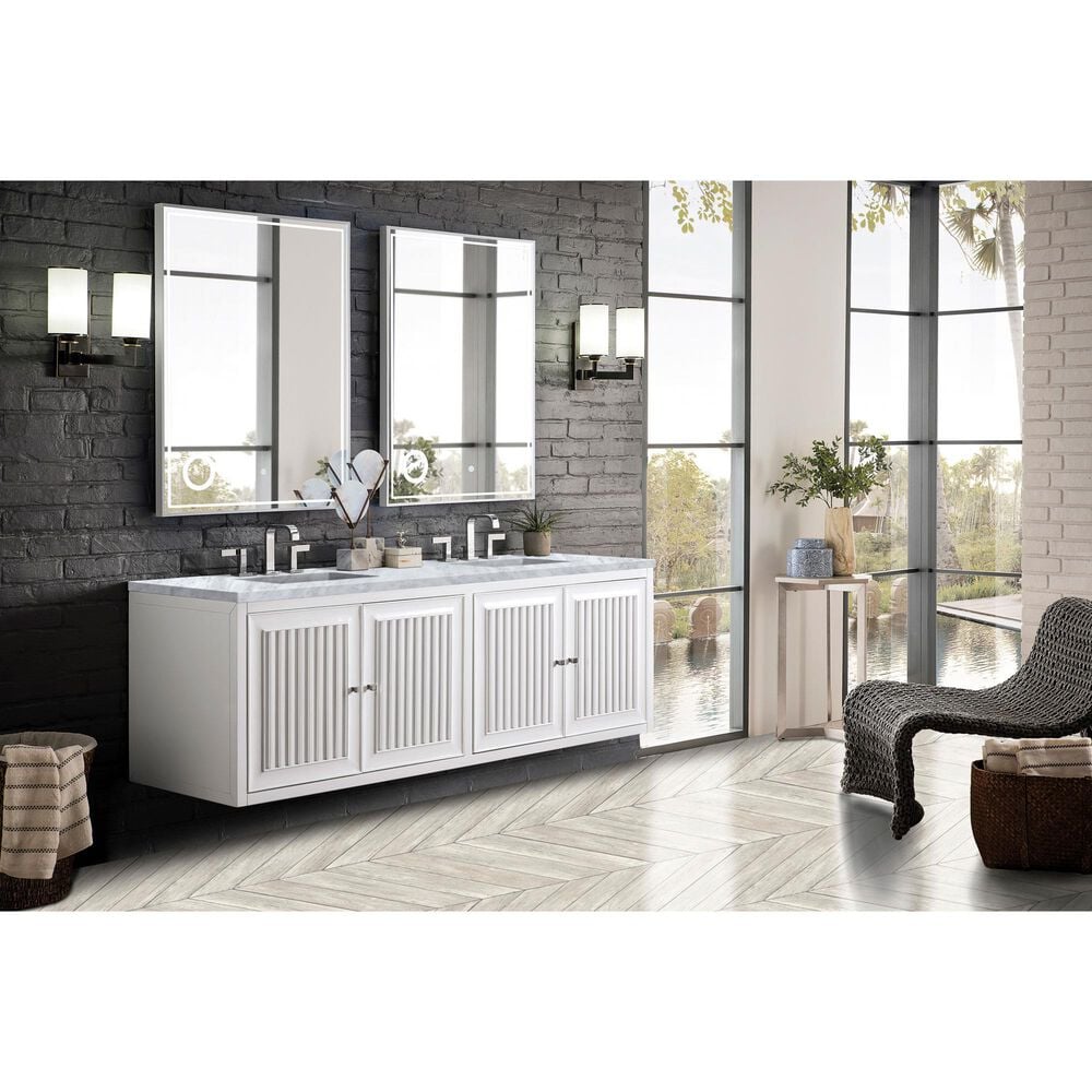 James Martin Vanities Athens 72&quot; Double Bathroom Vanity in Glossy White with 3 cm Carrara White Marble Top and Rectangular Sinks, , large
