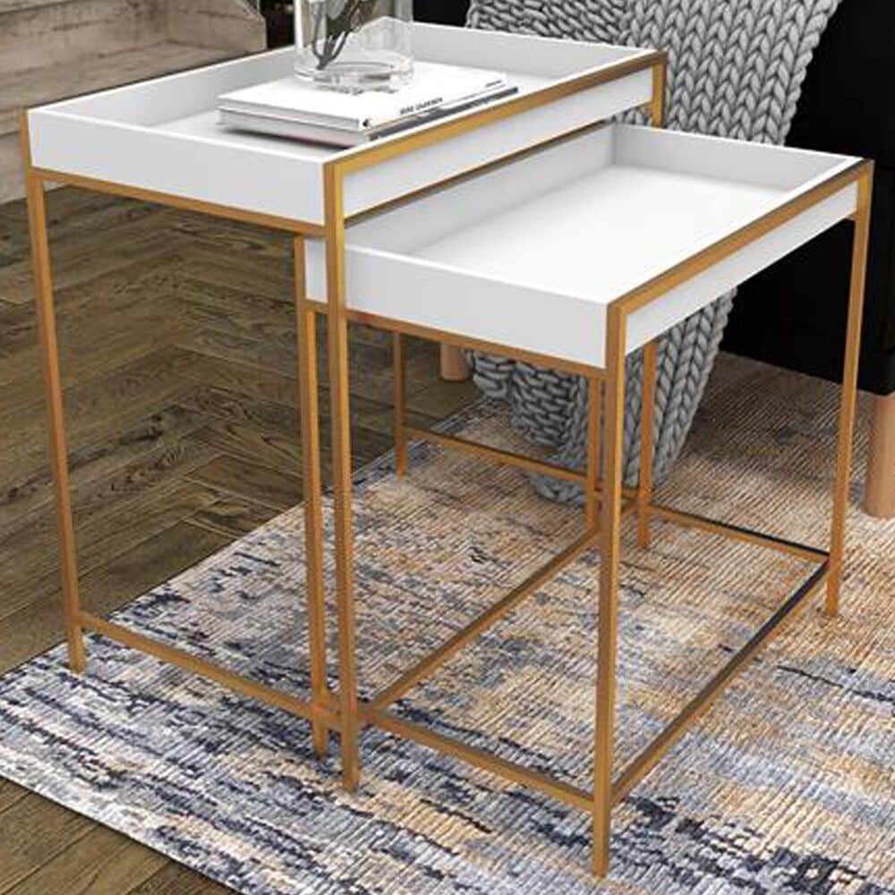 Maple and Jade 2-Piece Nesting Tray Top End Table Set in Gold and White, , large