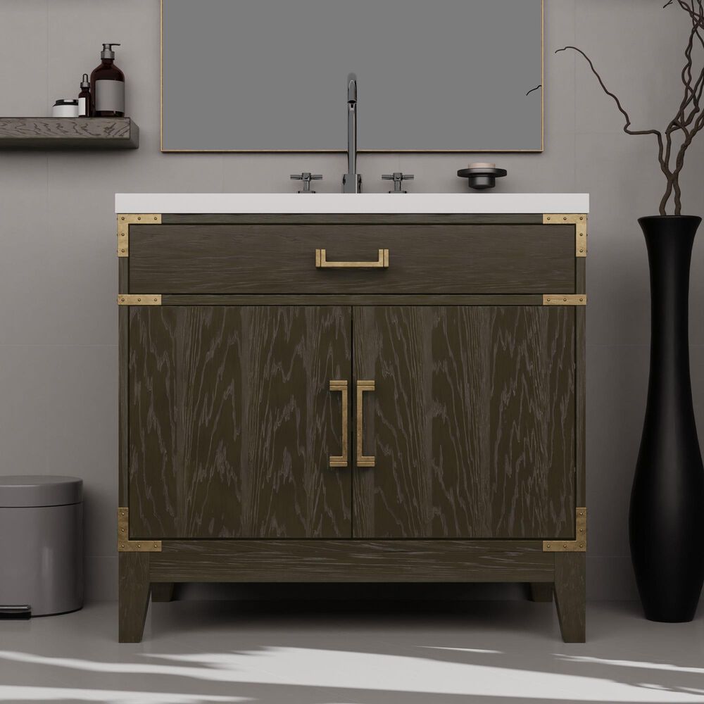 Lexora Home Laurel 36&quot; Single Bathroom Vanity in Brown Oak with White Quartz Top and Rectangular Sink, , large