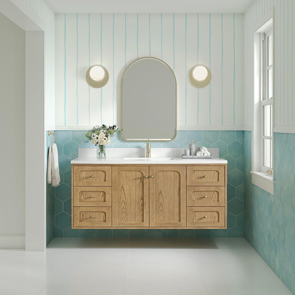 James Martin Vanities Laurent 60&quot; Single Bathroom Vanity in Light Natural Oak with Single Hole 3 cm White Zeus Quartz Top and Rectangular Sink, , large