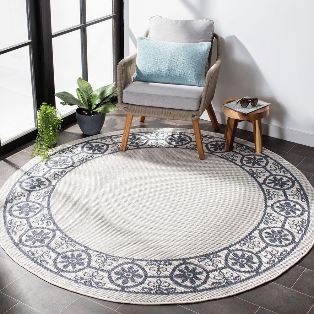 Safavieh Bermuda Floral 6&#39;7&quot; Round Ivory and Charcoal Indoor/Outdoor Area Performance Rug, , large