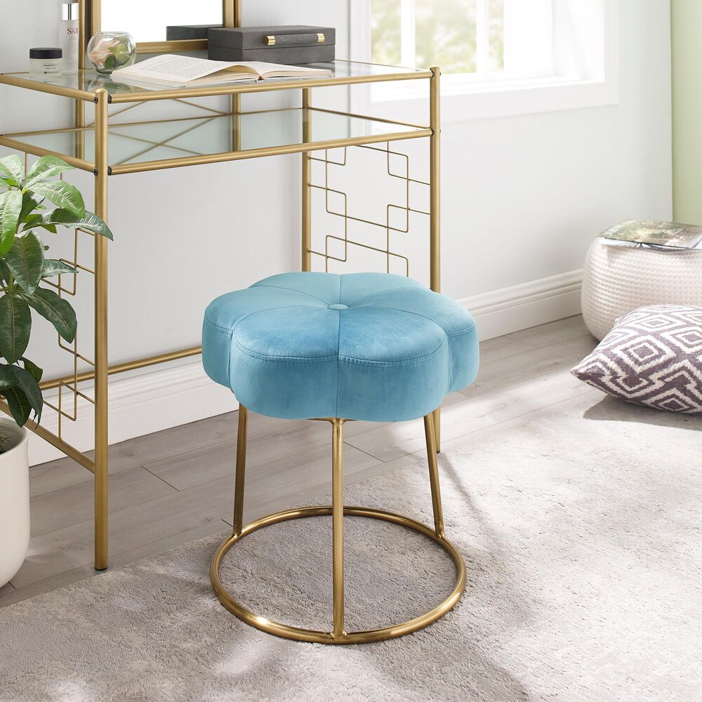 Linon Home Decor Seraphina Vanity Stool with Blue Cushion in Gold, , large