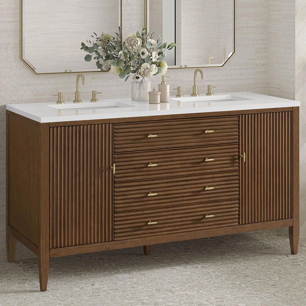 James Martin Vanities Mirin 60&quot; Double Vanity in Mid Century Walnut with 3 cm White Zeus Quartz Top, , large
