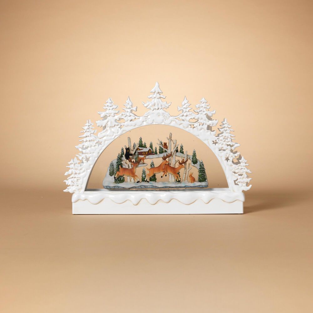 The Gerson Company 12.75&quot;L Battery-Operated Lighted Holiday Village Scene Spinning Water Globe Arch in White, , large