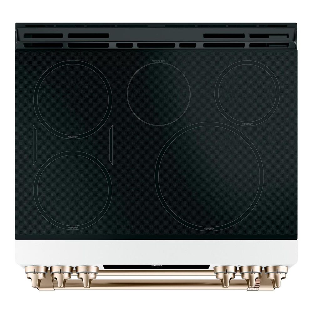Cafe 30&quot; Slide-In Front Control Induction and Convection Double Oven Range in Matte White  With Brushed Bronze Handles and Control Knobs, , large