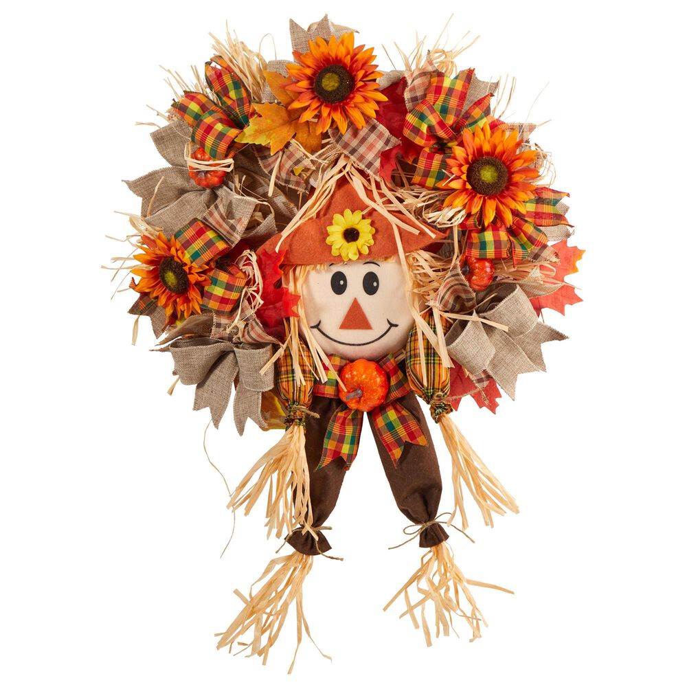 Nearly Natural Inc 30in. Scarecrow Fall Artificial Autumn Wreath with Sunflower, Pumpkin and Decorative Bows, , large