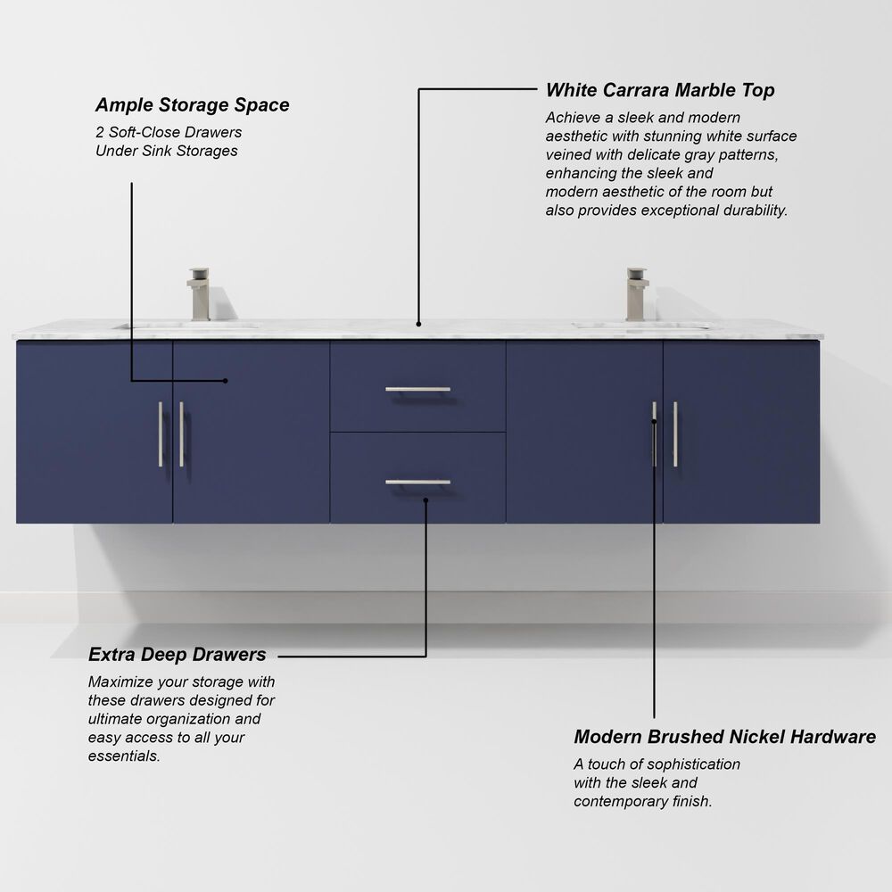 Lexora Home Geneva 80" Double Bathroom Vanity in Navy Blue with 2 cm White Carrara Marble Top and Rectangular Sinks, , large