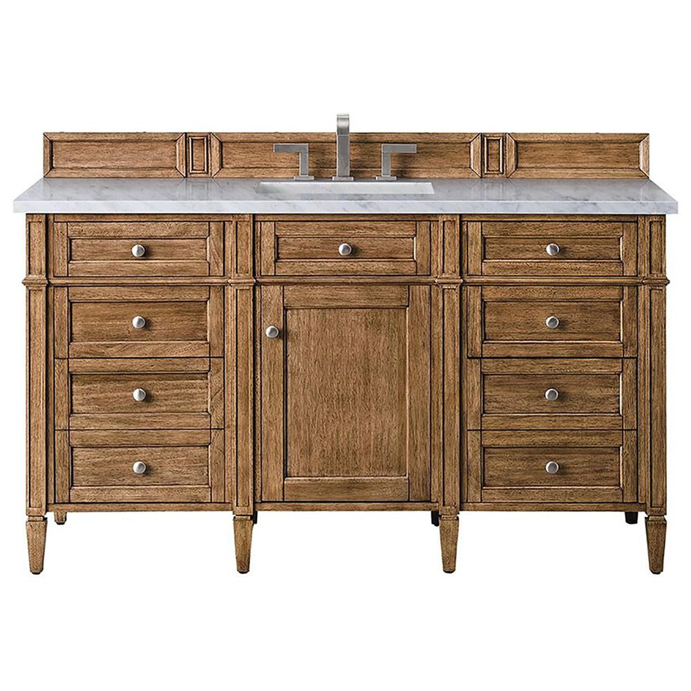 James Martin Vanities Brittany 60" Single Bathroom Vanity in Saddle Brown with 3 cm Eternal Jasmine Pearl Quartz Top and Rectangular Sink, , large