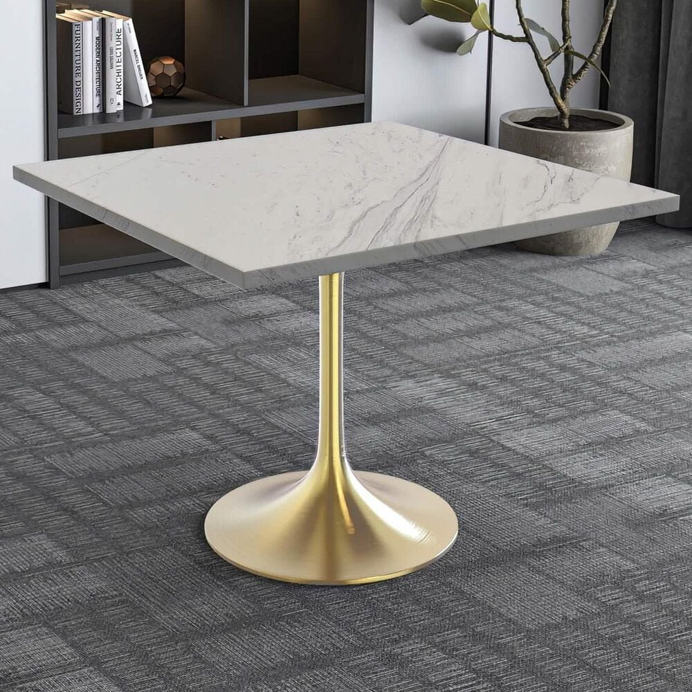 Leisuremod LeisureMod Verve Collection 36 Square Dining Table, Brushed Gold Base with Laminated White Marbleized Top, , large