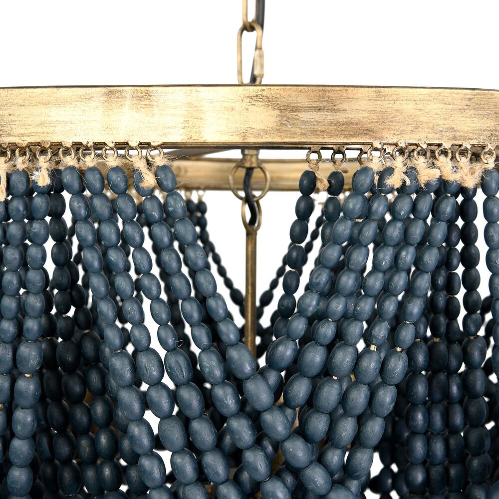 Creative Coop Laurel Draped Wood Bead Chandelier with Brushed Gold and Blue Shade, , large