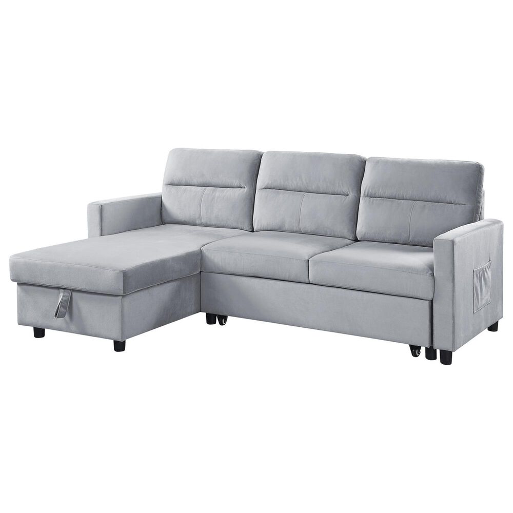 HOMLUX 81.5"W Velvet Reversible Sleeper Sectional Sofa with Storage & Side Pocket, in Light Grey, , large