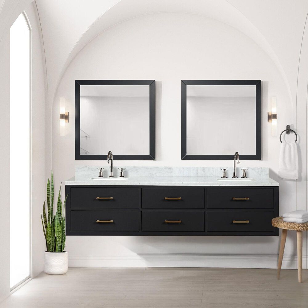 Lexora Home Castor 80" Double Bathroom Vanity in Black with 2 cm White Carrara Marble Top and Rectangular Sinks, , large