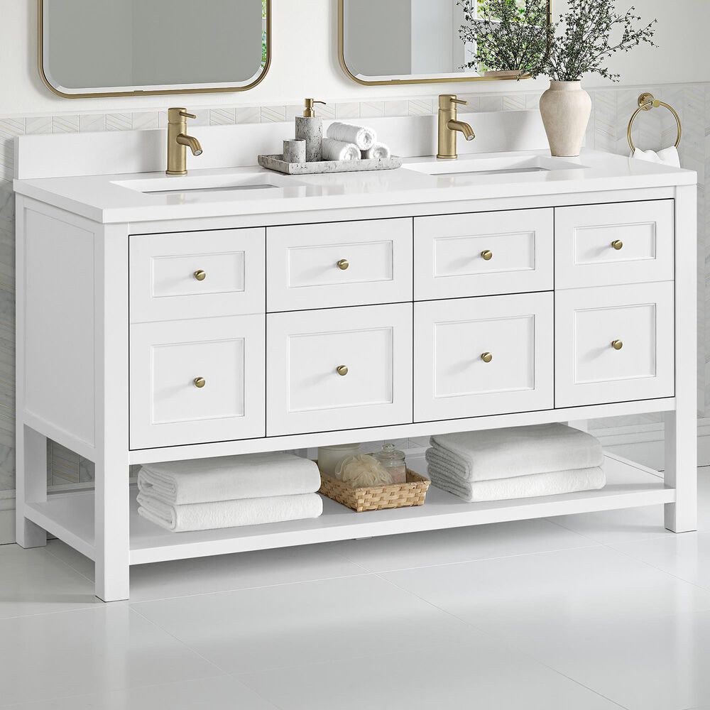 James Martin Vanities Breckenridge 60&quot; Double Bathroom Vanity in Bright White with Single Hole 3 cm White Zeus Quartz Top and Rectangular Sinks, , large