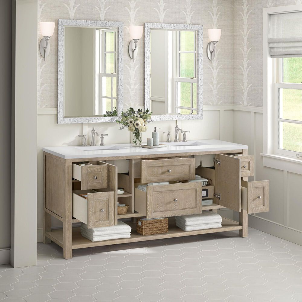 James Martin Vanities Breckenridge 72&quot; Double Vanity in Whitewashed Oak with 3 cm White Zeus Quartz Top, , large