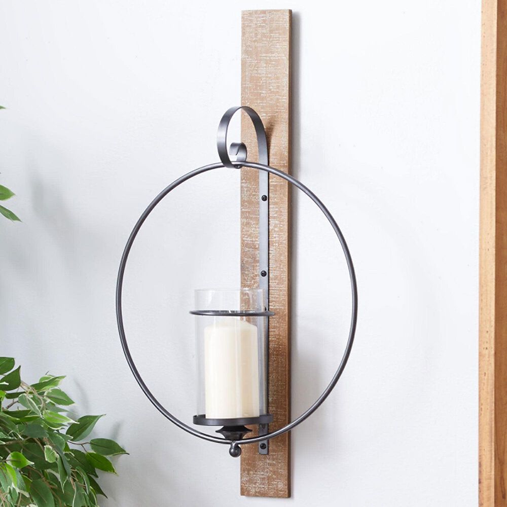 Maple and Jade Pillar Geometric Wall Sconce with Wood Back Mount in Brown and Black, , large