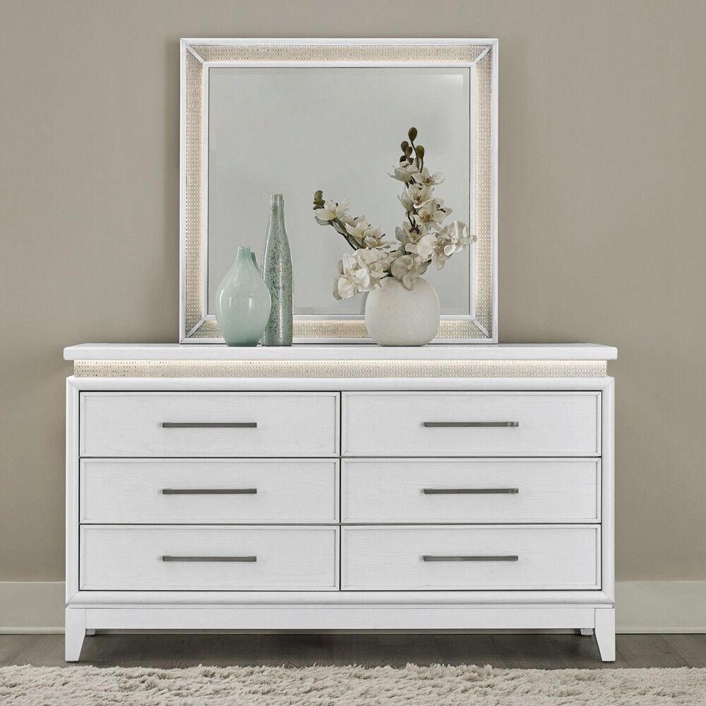 Belle Furnishings Reflections 6-Drawer Dresser and Mirror in Pearl White and Rhinestone, , large